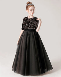 Black Front Sequin Mid Sleeve Flower Girl Dress