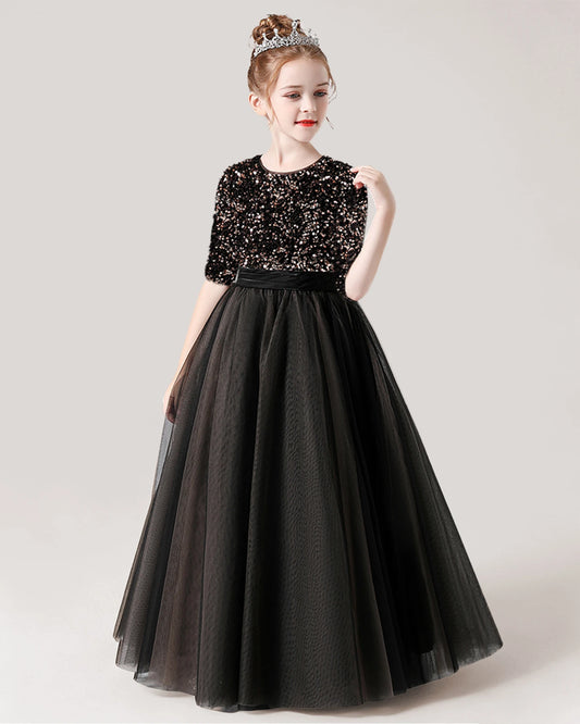 Black Sequin Tulle Ball Gown Flower Girl Dress Front View