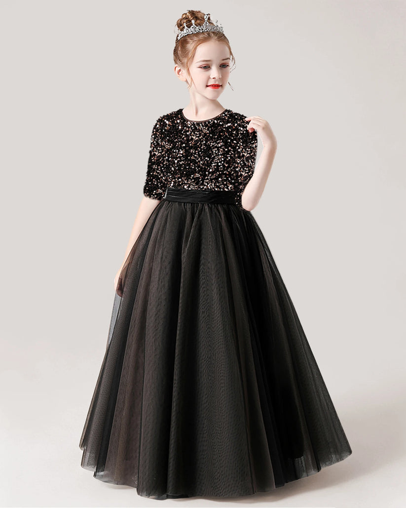 Black Sequin Tulle Ball Gown Flower Girl Dress Front View