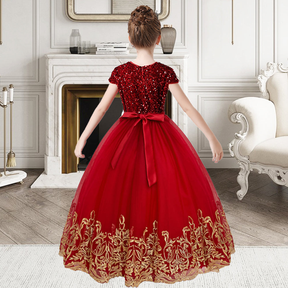 Flower Girls Dress Gold Embroidery Appliqued Puff Tulle Short Sleeves Sequins Party Dress