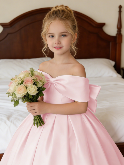Dideyttawl Satin Flower Girl Dress A Line Off Shoulder Formal Ball Gown Bow Back