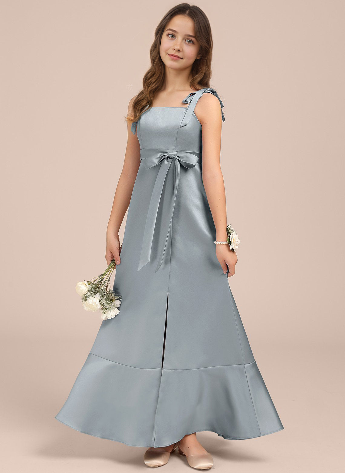 Dideyttawl Junior Bridesmaid Dresses with Slit  Satin Formal Gown for Girls 2529