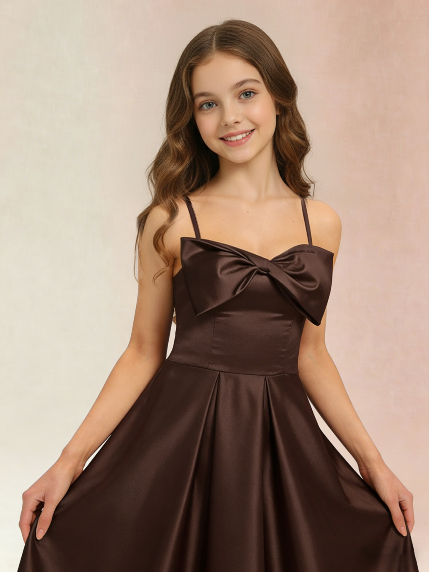 dideyttawl 2026 Girls Satin Prom Ball Gown with Big Bow Maxi Spaghetti Straps Junior Bridesmaid Flower Girl Dress 2548