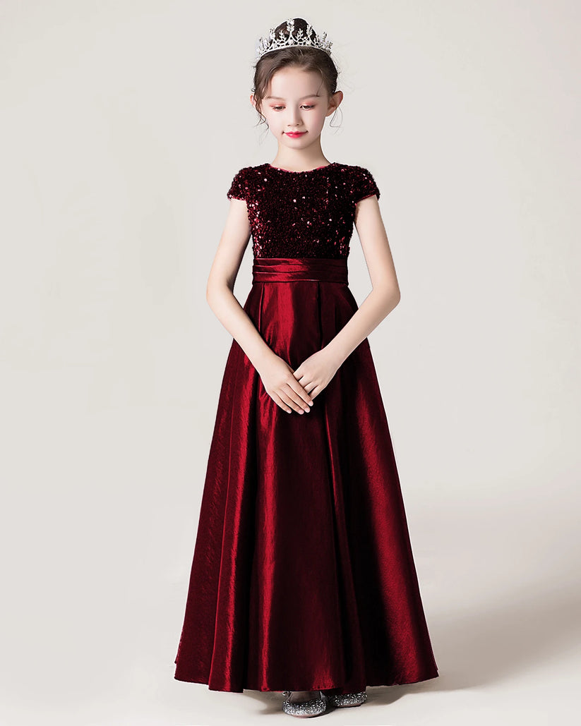Burgundy Satin A-line Girls Formal Dress Front View