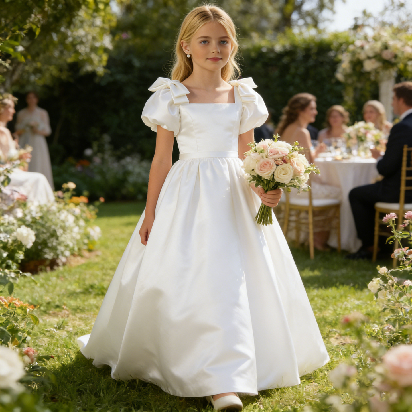 dideyttawl 2026 Satin Flower Girl Dress A Line Big Bow Long Prom Princess Ball Gown Puff Sleeves Junior Bridesmaid Dress 2773