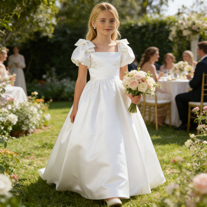 dideyttawl 2026 Satin Flower Girl Dress A Line Big Bow Long Prom Princess Ball Gown Puff Sleeves Junior Bridesmaid Dress 2773