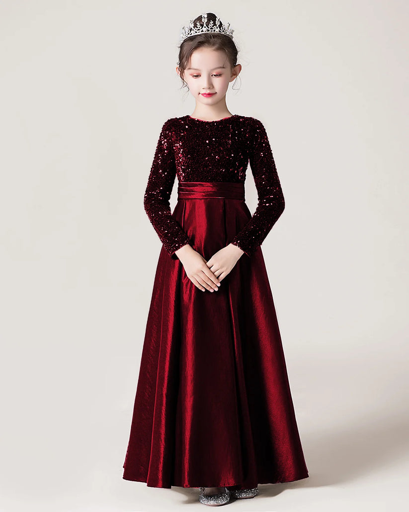 Burgundy Sequin A-line Girls Formal Dress Front View