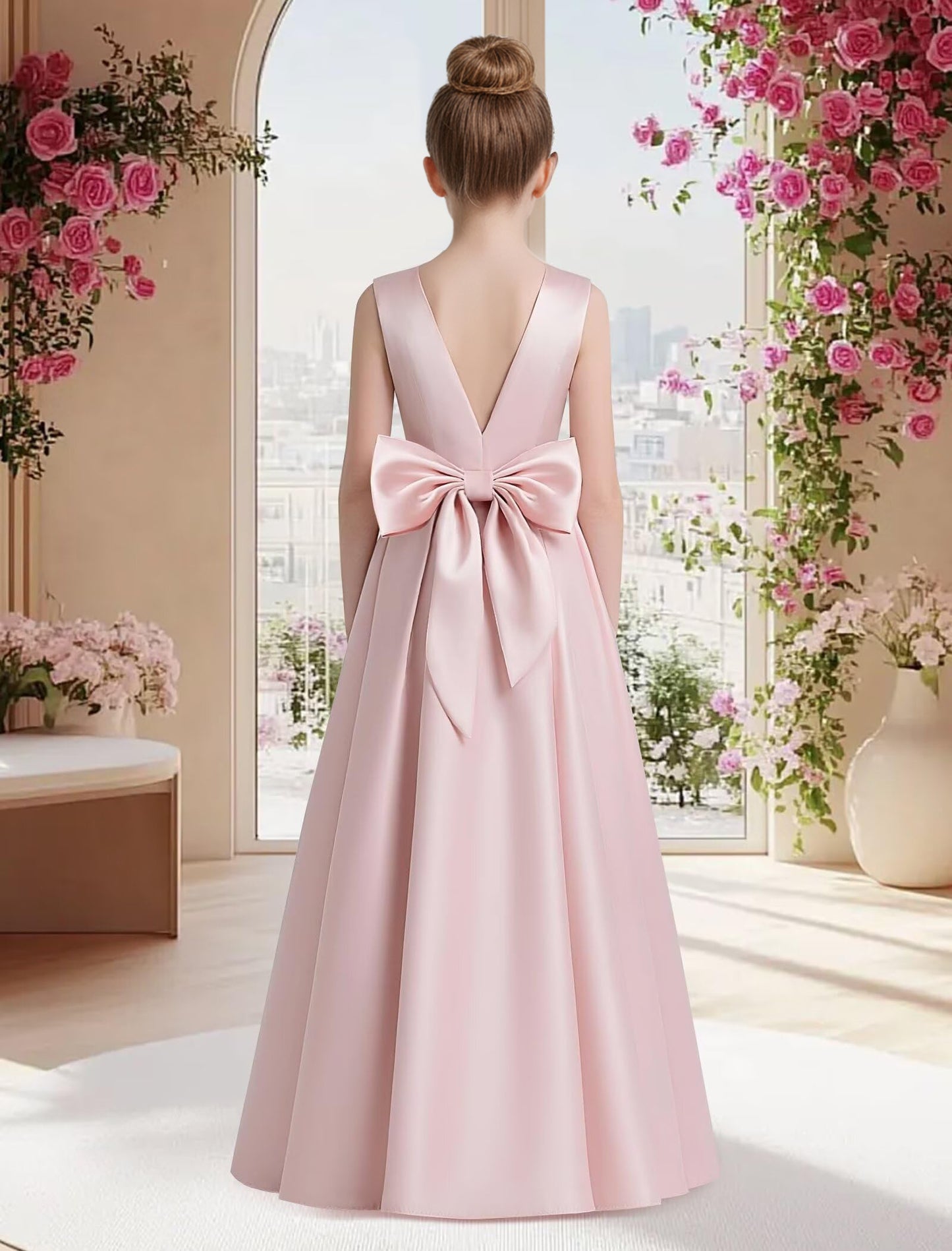 dideyttawl 2026 Pleated Satin Flower Girl Dress Junior Bridesmaid Dress Sleeveless A Line V-Neck Prom Ball Gown 2786