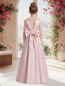 Dideyttawl Blush Pink Girls Formal Dress Sleeveless Satin V-Neck Ball Gown