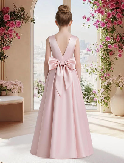 dideyttawl 2026 Pleated Satin Flower Girl Dress Junior Bridesmaid Dress Sleeveless A Line V-Neck Prom Ball Gown 2786