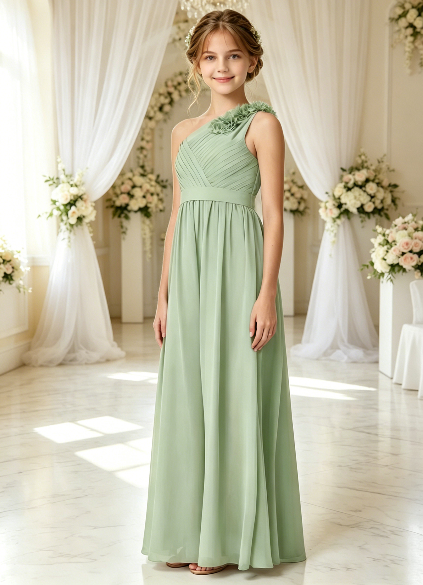 dideyttawl One Shoulder Pleated Junior Bridesmaid Dresses for Wedding A-Line Chiffon 3D Flower Girls Formal Party Dress 2604