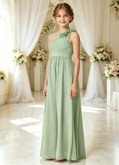 dideyttawl One Shoulder Pleated Junior Bridesmaid Dresses for Wedding A-Line Chiffon 3D Flower Girls Formal Party Dress 2604