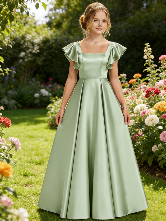 dideyttawl 2026 Girls Satin Prom Ball Gown Princess Dress Maxi Ruffle Sleeve Junior Bridesmaid Flower Girl Dresses 2546