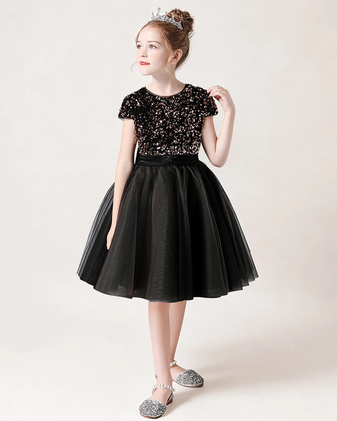 Black Front Short Sequin Flower Girl Dress