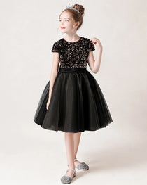 Black Front Short Sequin Flower Girl Dress