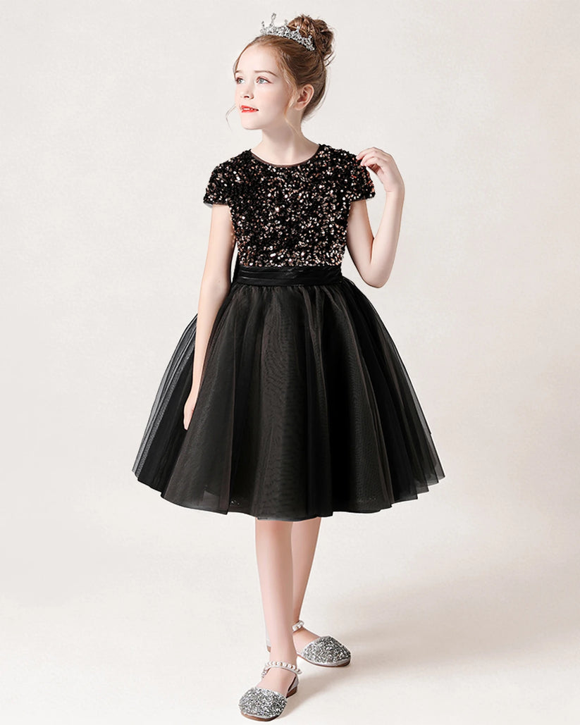 Black Sequin Tulle A-line Girls Formal Dress Front View