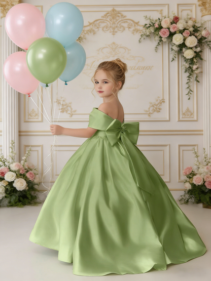 Dideyttawl Satin Flower Girl Dress A Line Off Shoulder Formal Ball Gown Bow Back