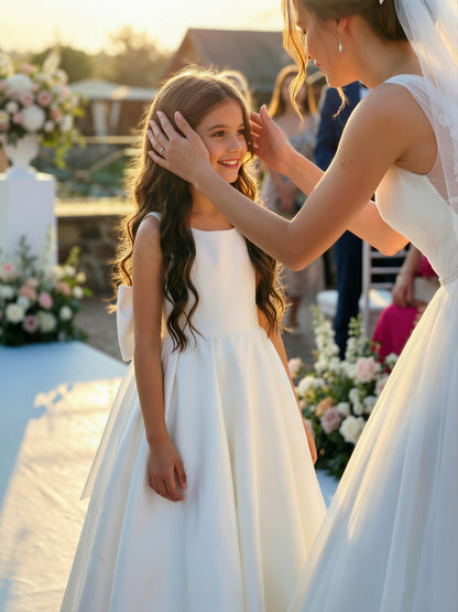 dideyttawl Satin Flower Girl Dresses with Bow Elegant Communion Dress for Girls A-Line Formal Party Gown with Bow