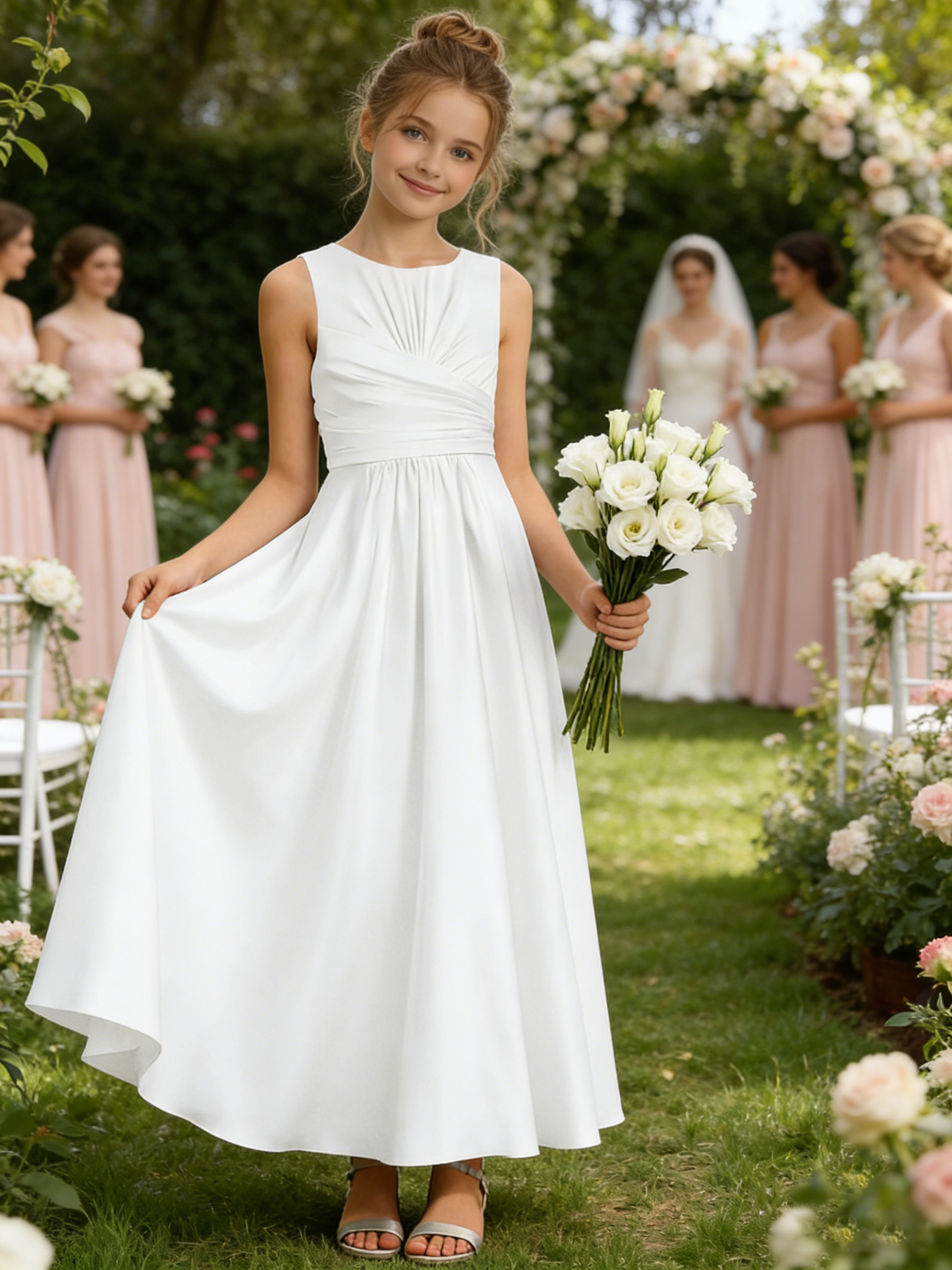 dideyttawl Satin A-Line Junior Bridesmaid Dresses Pleated Girls Special Occasion Gown