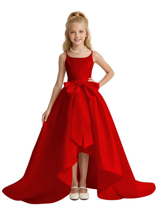 dideyttawl High-Low Big Bow Junior Bridesmaid Dresses for Girls 4-16 Satin A-Line Pageant Formal Party Dress 2535