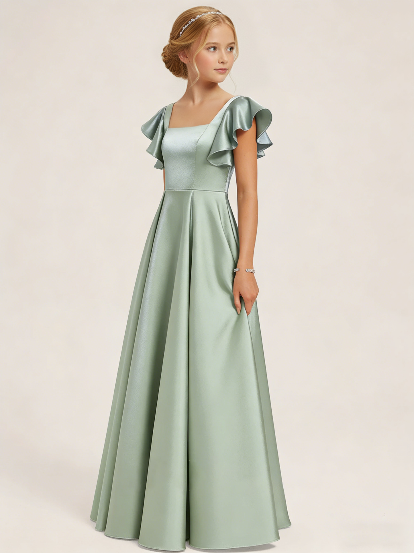 dideyttawl 2026 Girls Satin Prom Ball Gown Princess Dress Maxi Ruffle Sleeve Junior Bridesmaid Flower Girl Dresses 2546