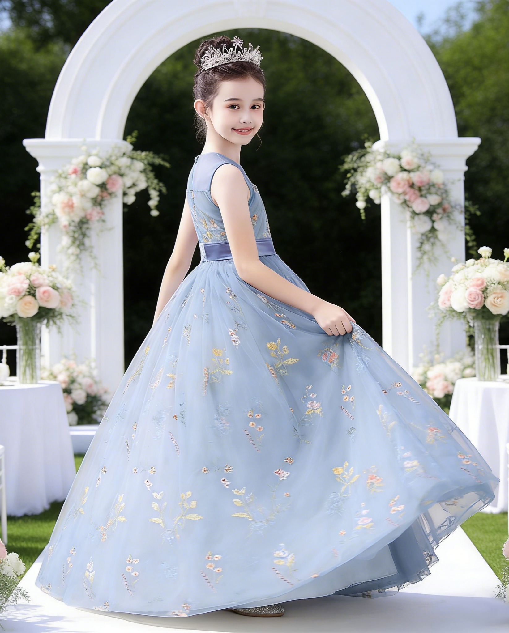 dideyttawl  Floral Tulle Girls Formal Dress Sleeveless Pageant  Prom Gown 2554