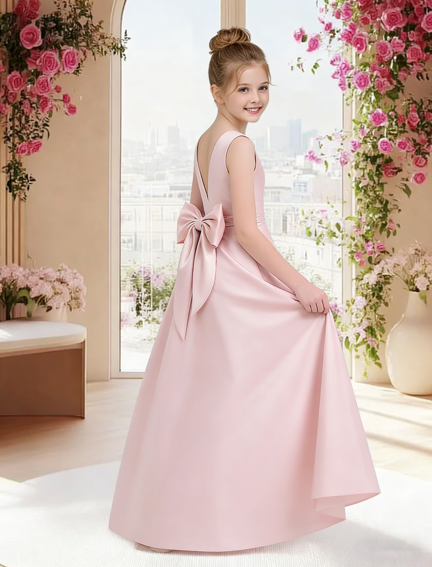 dideyttawl 2026 Pleated Satin Flower Girl Dress Junior Bridesmaid Dress Sleeveless A Line V-Neck Prom Ball Gown 2786