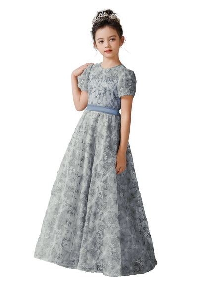 2025 Spring Flower Girl Dress Wedding Bridesmaid Lace Tulle Puffy Sleeves Girls Birthday Party Pageant Maxi Dress