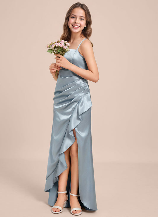dideyttawl Sheath Junior Bridesmaid Dress with Slit Square Neck Ruffles Stretch Satin Flower Girl Dress Sleeveless Formal Special Occasion Dress for Wedding 2521