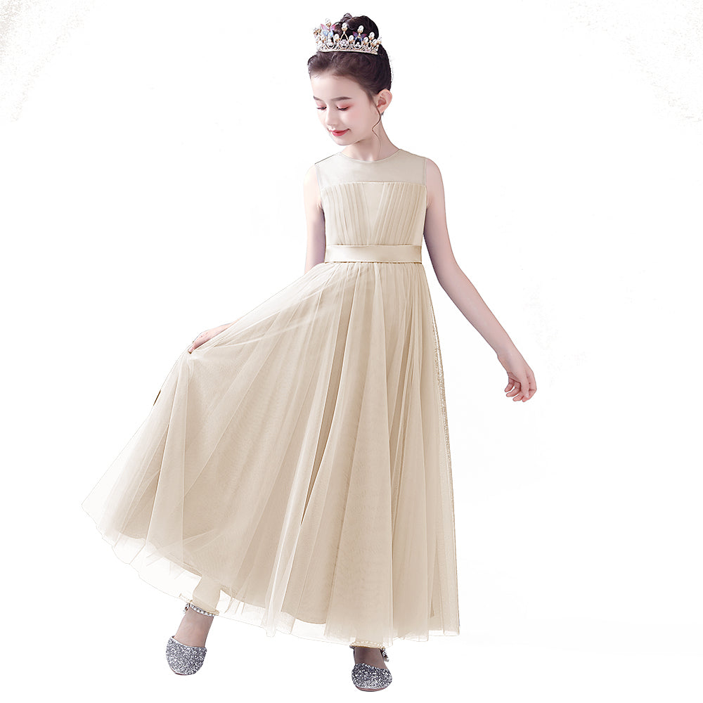 Dideyttawl Dusty Blue Sleeveless Tulle Flower Girl Dress Sheer Neck Junior Bridesmaid Gown