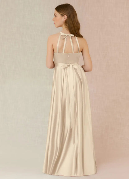 dideyttawl A-Line Junior Bridesmaid Dresses Halter Flower Girls Dress Satin Adjustable Straps Formal Gown 2532