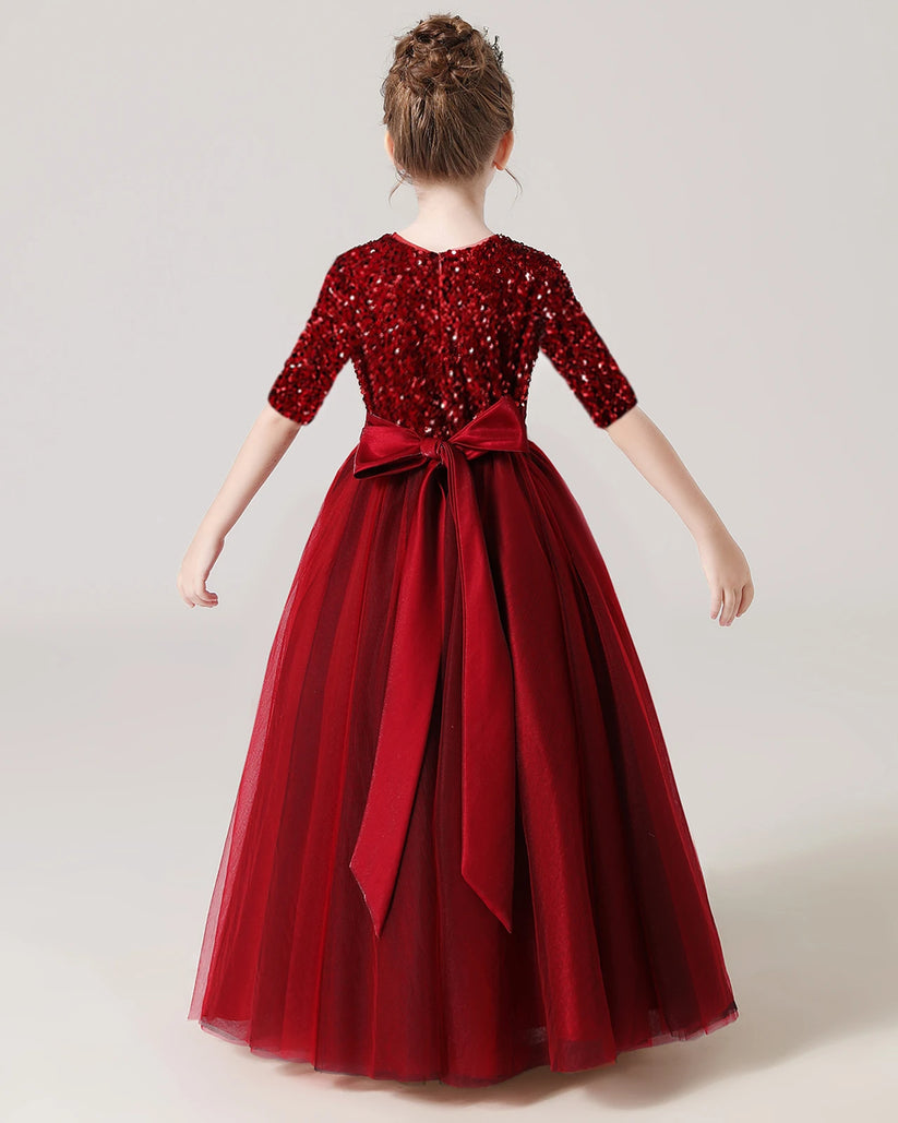 Burgundy Tulle A-line Flower Girl Dress Back View