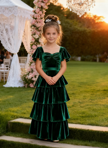 dideyttawl Girls Pleated Velvet Short Lantern Sleeves Long Junior Bridesmaid Dress 2542