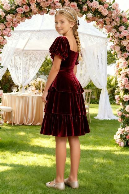dideyttawl Girls Pleated Velvet Knee Length Junior Bridesmaid Dress with Short Lantern Sleeves 2543