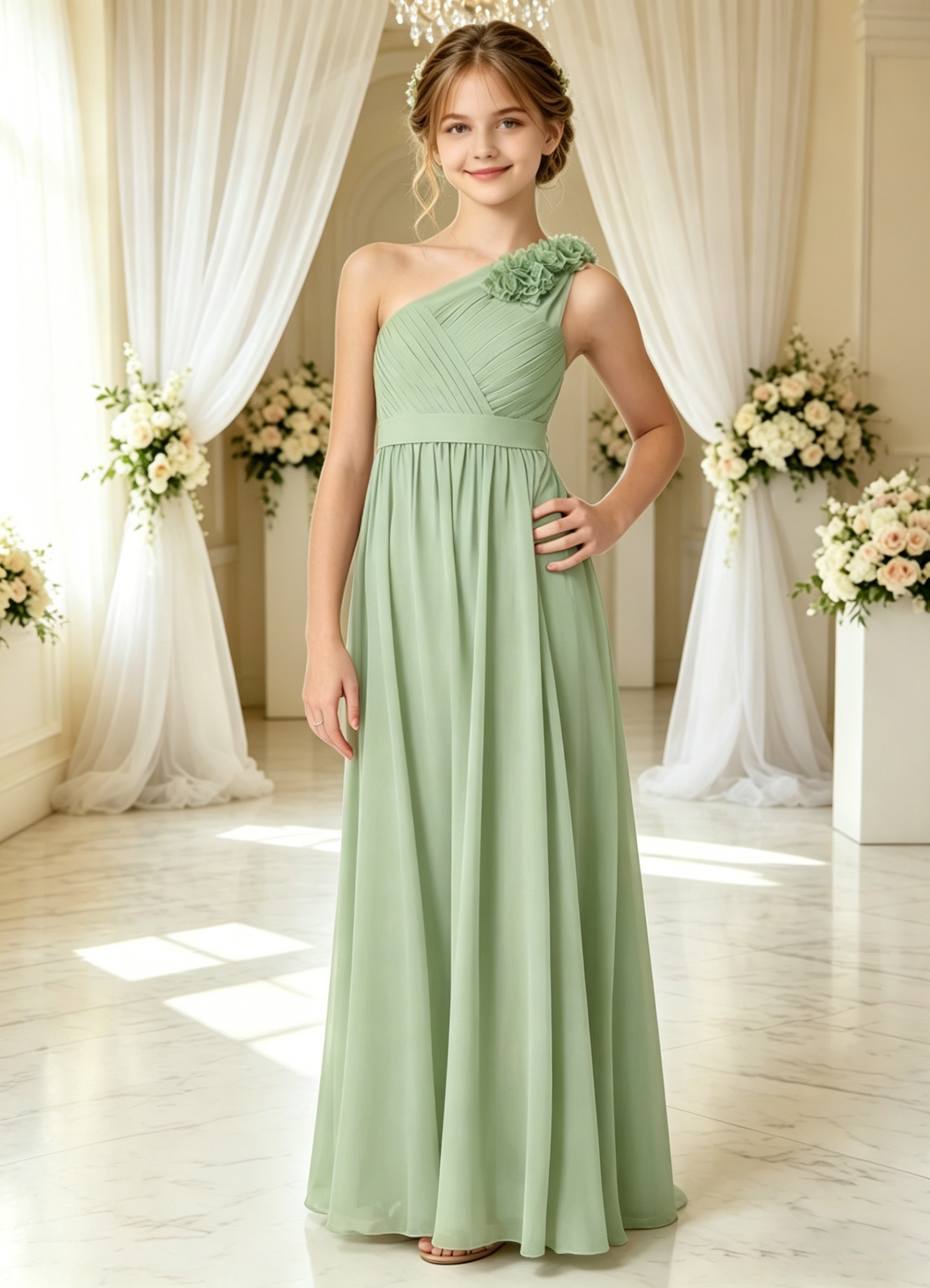 dideyttawl One Shoulder Pleated Junior Bridesmaid Dresses for Wedding A-Line Chiffon 3D Flower Girls Formal Party Dress 2604