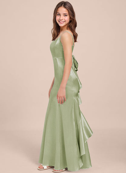 dideyttawl Mermaid Junior Bridesmaid Dress with Slit V-Neck Ruffles Bow Stretch Satin Flower Girl Dress Sleeveless Formal Special Occasion Dress for Wedding 2522