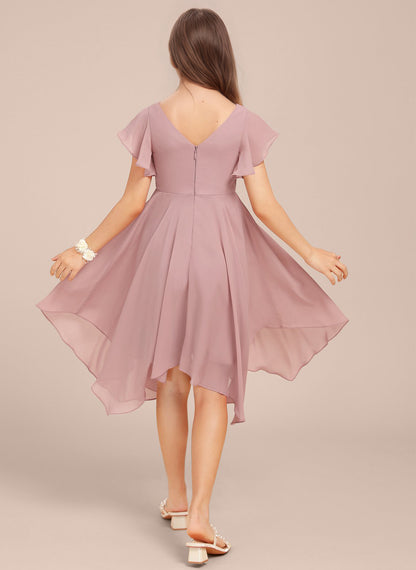 Chiffon Short Junior Bridesmaid Dresses Knee Length Flutter Sleeves Flower Girl Dresses for 4-16 2505
