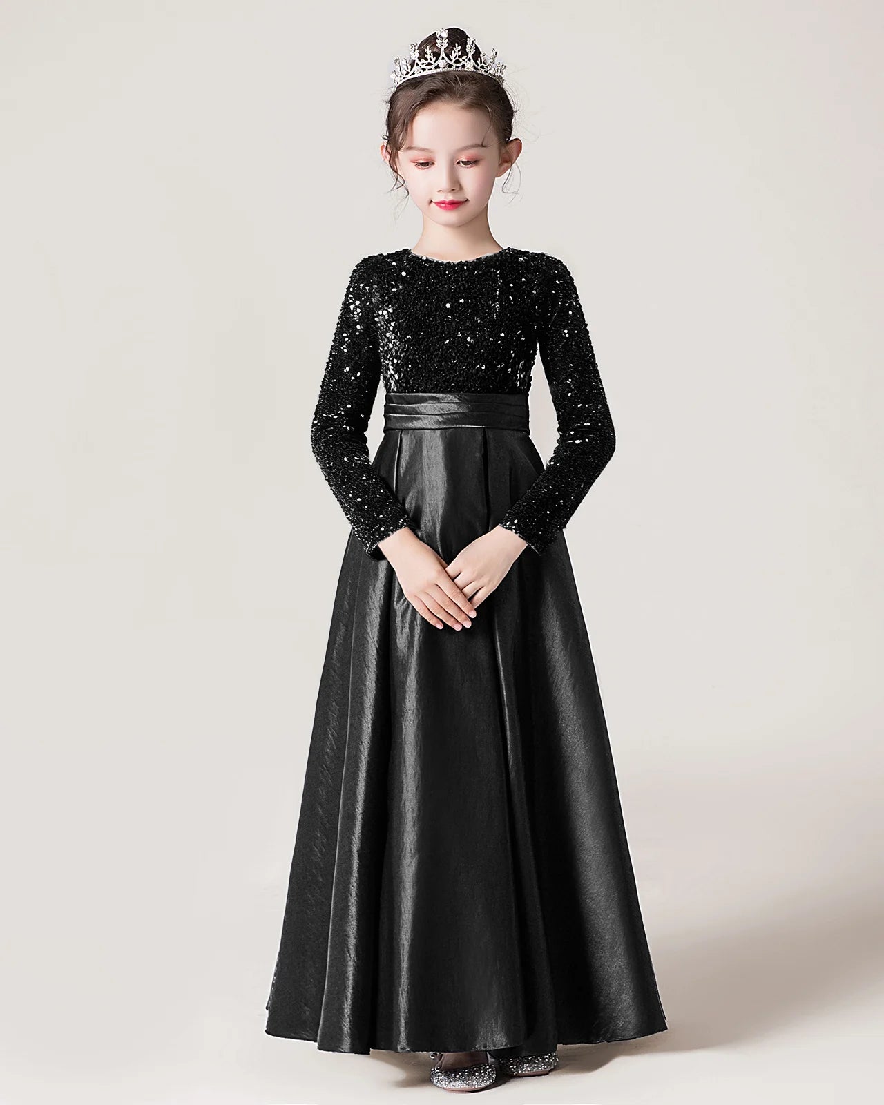 Black Front Sequin Long Sleeve Flower Girls Dress