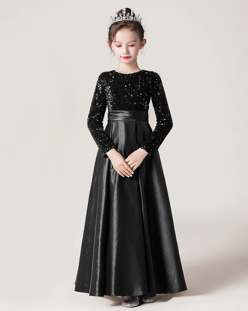 Black Sequin A-line Girls Formal Dress Front View