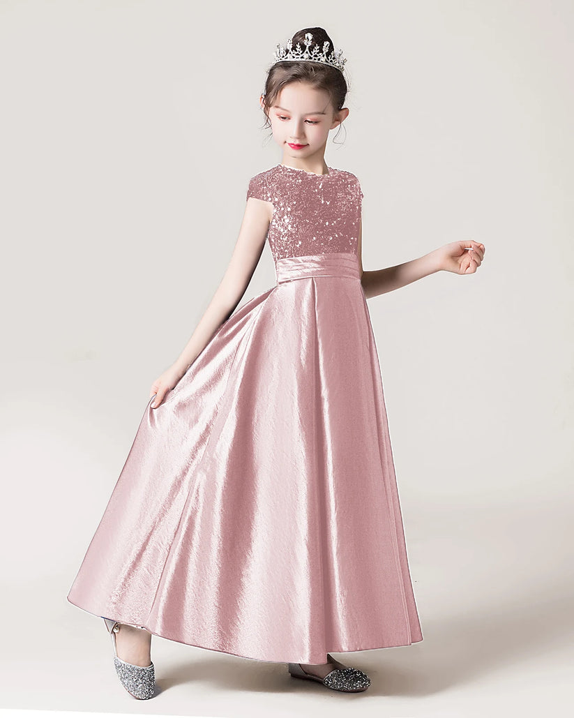 Dusty Rose Sequin A-line Girls Formal Dress Front View