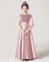 Dusty Rose Sequin Satin A-line Girls Formal Dress Front View