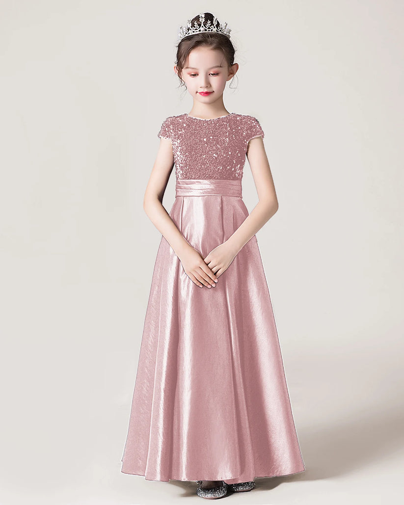 Dusty Rose Sequin Satin A-line Girls Formal Dress Front View