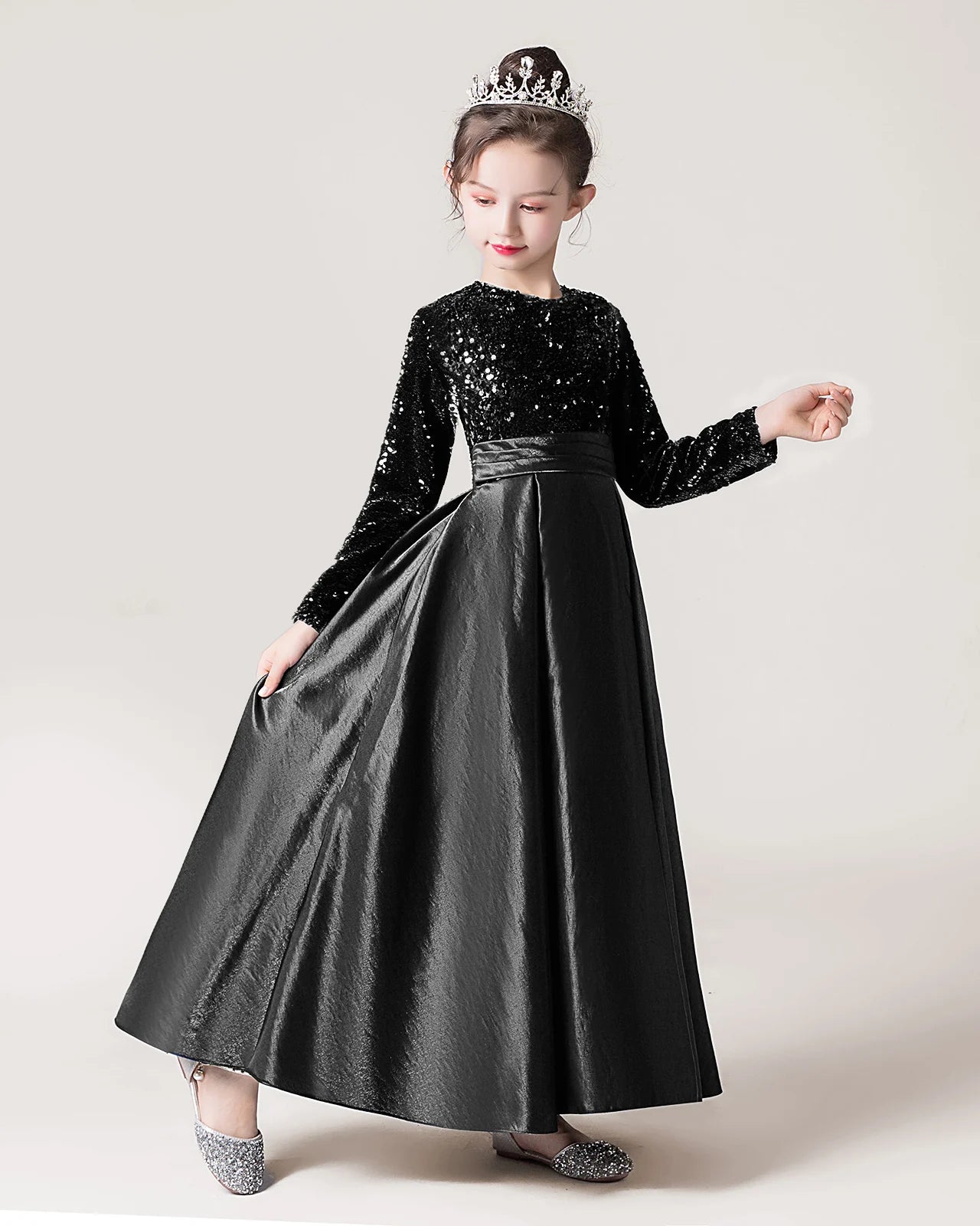 Black Side Sequin Long Sleeve Flower Girls Dress