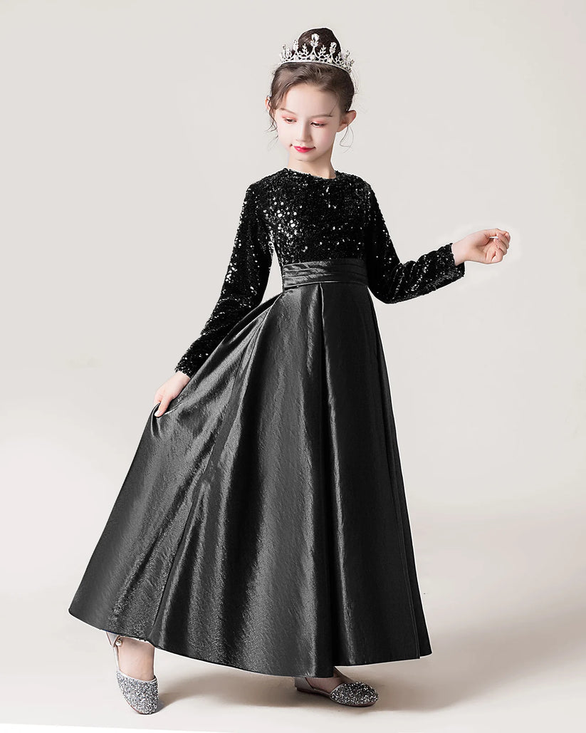 Black Sequin A-line Girls Formal Dress Front View