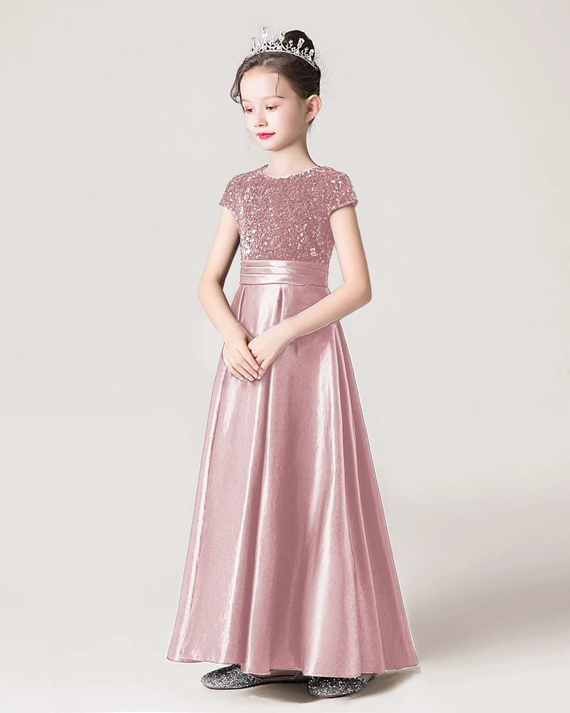 Dusty Rose Sequin Satin A-line Girls Formal Dress Side View