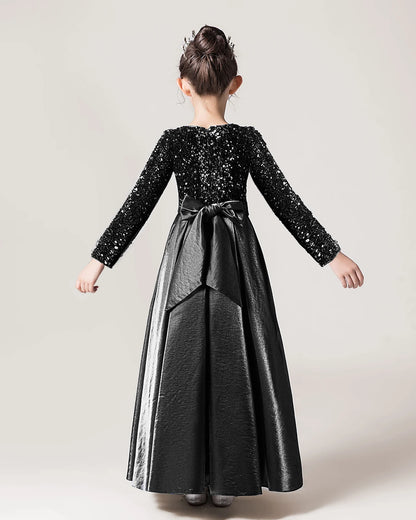 Black Back Sequin Long Sleeve Flower Girls Dress