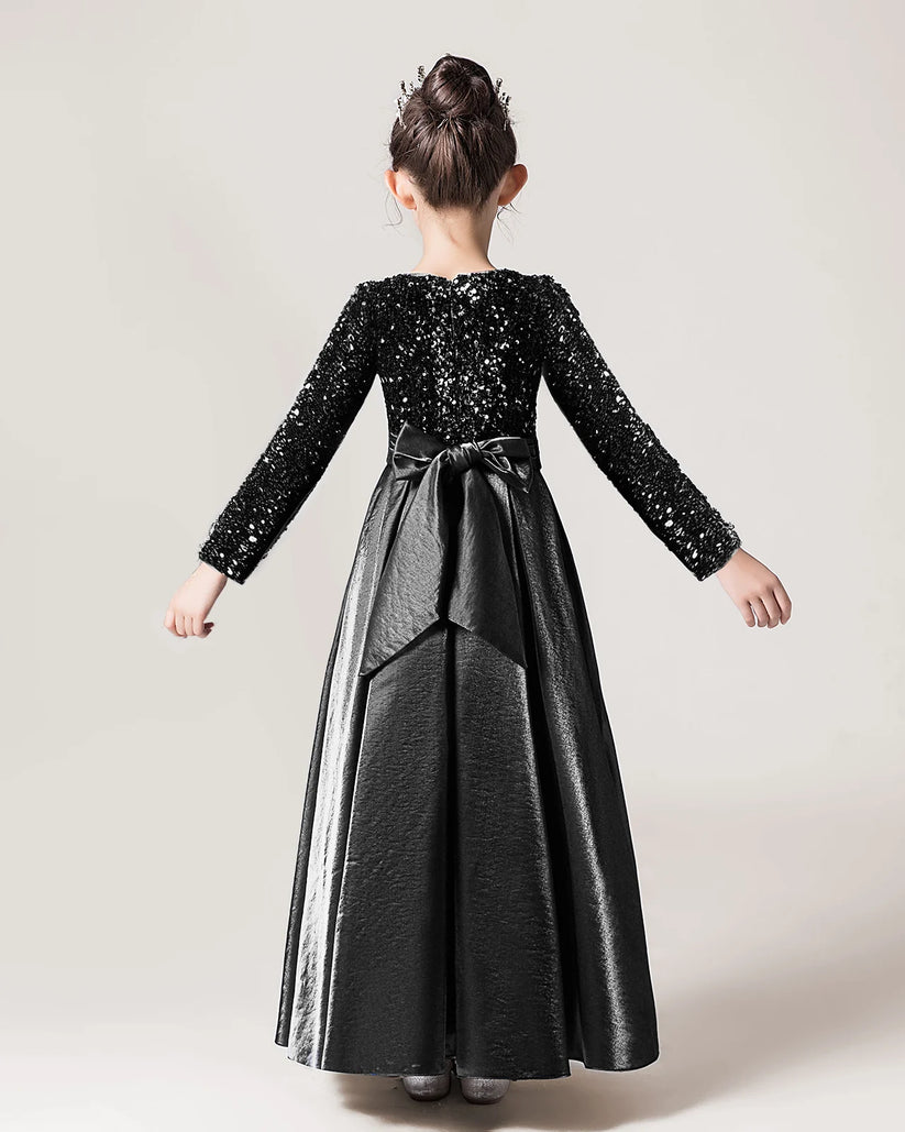 Black Sequin A-line Girls Formal Dress Back View