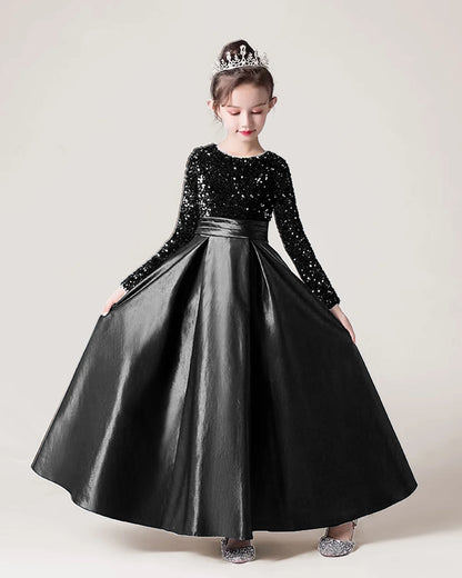 Dideyttawl Long Sleeves Sequins Flower Girls Dress Sparkling  Satin Formal Party Gown 503