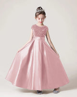 Dusty Rose Sequin Satin A-line Girls Formal Dress Front View