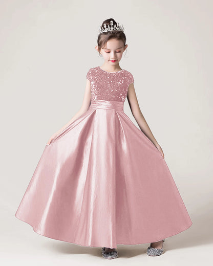 Dideyttawl Sequins Flower Girls Dress Satin Formal Brithday Party Gown